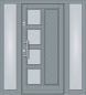 Preview: Moderne graue Haustür mit 2 Seitenteilen, 4 Glasfeldern, diagonalem Paneelprofil und Edelstahlsockelblende.