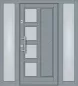 Preview: Moderne graue Haustür mit 2 Seitenteilen, 4 Glasfeldern, diagonalem Paneelprofil und Edelstahlsockelblende.