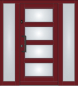 Preview: Klassische Massivholz-Haustür Modell KS-102 in Purpurrot mit vier rechteckigen Glasfeldern, zwei feststehenden Seitenteilen aus Milchglas und schwarzem Stoßgriff.