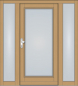 Preview: Symmetrische Massivholz-Haustür KS-101 mit großem Lichtausschnitt und zwei feststehenden Seitenteilen aus Milchglas, helle Holzoptik mit silberner Drückergarnitur.