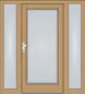 Preview: Symmetrische Massivholz-Haustür KS-101 mit großem Lichtausschnitt und zwei feststehenden Seitenteilen aus Milchglas, helle Holzoptik mit silberner Drückergarnitur.