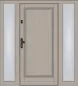 Preview: Klassische Massivholz-Haustür KS-100 in heller Holz-Optik mit zwei feststehenden Seitenteilen aus Milchglas und schwarzer Drückergarnitur.