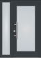Preview: Moderne Holz-Haustür Modell KS-101 in Anthrazitgrau (RAL 7016) mit großem Lichtausschnitt aus Milchglas, passendem Seitenteil und Edelstahl-Stoßgriff.