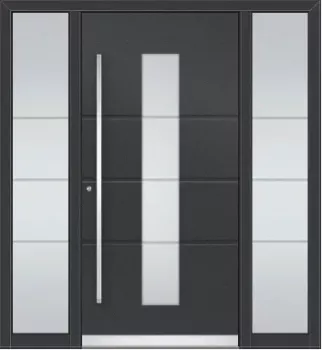 Preview: Schüco Aluminium Haustüre in grau mit 2 Seitenteilen und Glasmotiv