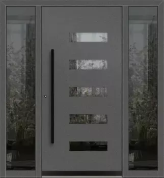 Preview: Schüco Aluminium Haustüre in grau mit 2 Seitenteilen und schwarzem Griff