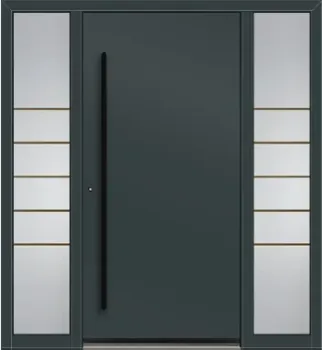 Preview: Schüco Aluminium Haustüre in grau mit 2 Seitenteilen und schwarzem Griff