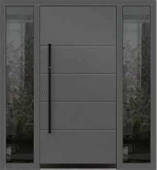 Preview: Schüco Aluminium Haustüre in grau mit 2 Seitenteilen und schwarzem Griff