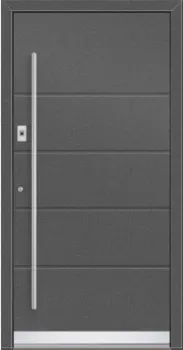 Moderne Schüco Haustür in Anthrazit mit langem Glaseinsatz und Edelstahl Stangengriff