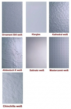 Übersicht verschiedener Glasarten für Türen: Muster von Klarglas, Satinato, Mastercarré und Ornamentglas-Strukturen.