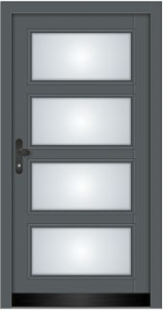 Moderne Massivholz-Haustür Modell KS-102 in heller Holzoptik mit vier vertikal angeordneten rechteckigen Lichtausschnitten aus Milchglas.