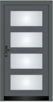 Moderne Massivholz-Haustür Modell KS-102 in heller Holzoptik mit vier vertikal angeordneten rechteckigen Lichtausschnitten aus Milchglas.