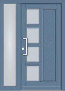 Preview: Moderne blaue Haustür mit festem Seitenteil links, 4 Glasfeldern, diagonalem Paneelprofil und Edelstahlsockelblende.