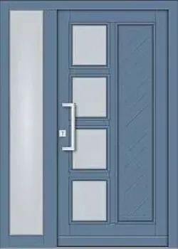 Preview: Moderne blaue Haustür mit festem Seitenteil links, 4 Glasfeldern, diagonalem Paneelprofil und Edelstahlsockelblende.
