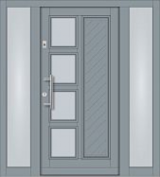 Preview: Moderne graue Haustür mit 2 Seitenteilen, 4 Glasfeldern, diagonalem Paneelprofil und Edelstahlsockelblende.