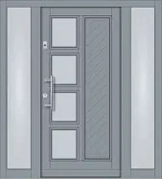 Preview: Moderne graue Haustür mit 2 Seitenteilen, 4 Glasfeldern, diagonalem Paneelprofil und Edelstahlsockelblende.