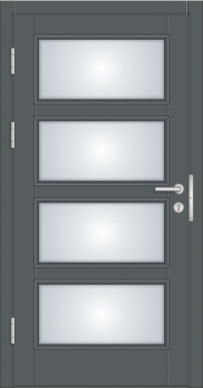 Holzhaustüre Fichte in Grau mit 4 satinierten Glasfeldern und grauen Türbändern