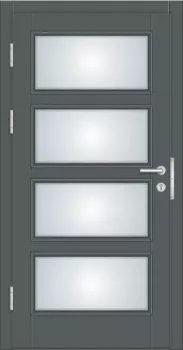 Preview: Moderne Massivholz-Haustür Modell KS-102 in Anthrazitgrau (RAL 7016) mit vier rechteckigen Lichtausschnitten aus Milchglas und schwarzer Drückergarnitur.