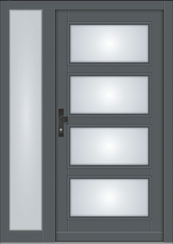 Preview: Moderne Holz-Haustür Modell KS-102 in Anthrazitgrau (RAL 7016) mit vier rechteckigen Lichtausschnitten, passendem Seitenteil und schwarzer Drückergarnitur.