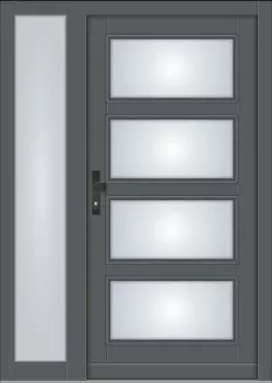 Preview: Moderne Holz-Haustür Modell KS-102 in Anthrazitgrau (RAL 7016) mit vier rechteckigen Lichtausschnitten, passendem Seitenteil und schwarzer Drückergarnitur.