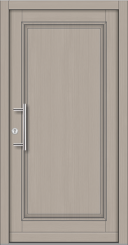 Klassische Massivholz-Haustür Modell KS-100 in grauer Holzoptik mit vollflächig geschlossener Füllung und modernem Edelstahl-Stoßgriff.