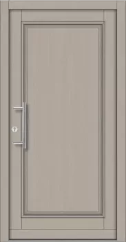 Klassische Massivholz-Haustür Modell KS-100 in grauer Holzoptik mit vollflächig geschlossener Füllung und modernem Edelstahl-Stoßgriff.
