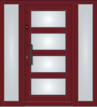 Preview: Klassische Massivholz-Haustür Modell KS-102 in Purpurrot mit vier rechteckigen Glasfeldern, zwei feststehenden Seitenteilen aus Milchglas und schwarzem Stoßgriff.