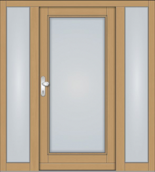 Preview: Symmetrische Massivholz-Haustür KS-101 mit großem Lichtausschnitt und zwei feststehenden Seitenteilen aus Milchglas, helle Holzoptik mit silberner Drückergarnitur.