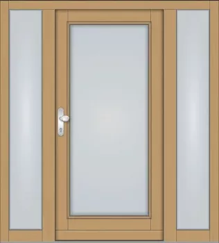 Preview: Symmetrische Massivholz-Haustür KS-101 mit großem Lichtausschnitt und zwei feststehenden Seitenteilen aus Milchglas, helle Holzoptik mit silberner Drückergarnitur.