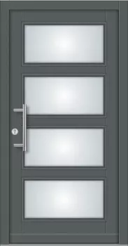 Holzhaustüre Fichte in Grau mit 4 satinierten Glasfeldern und grauen Türbändern