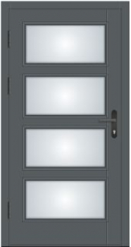 Preview: Moderne Massivholz-Haustür Modell KS-102 in Anthrazitgrau (RAL 7016) mit vier rechteckigen Lichtausschnitten aus Milchglas und schwarzer Drückergarnitur.