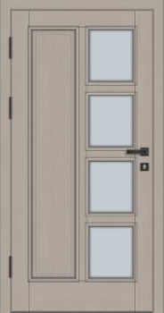 Preview: Moderne graue Haustür mit 4 quadratischen Glaseinsätzen, schwarzen Beschlägen, Innenansicht.