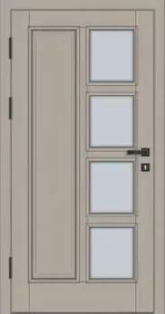 Preview: Moderne graue Haustür mit 4 quadratischen Glaseinsätzen, schwarzen Beschlägen, Innenansicht.