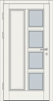 Moderne weiße Haustür mit 4 quadratischen Glaseinsätzen, schwarzen Beschlägen, Innenansicht.