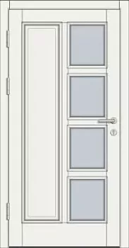 Moderne weiße Haustür mit 4 quadratischen Glaseinsätzen, schwarzen Beschlägen, Innenansicht.