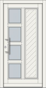 Moderne weiße Haustür mit 4 quadratischen Glaseinsätzen, vertikalem Rillenpaneel und schwarzen Beschlägen