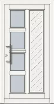 Moderne weiße Haustür mit 4 quadratischen Glaseinsätzen, vertikalem Rillenpaneel und schwarzen Beschlägen