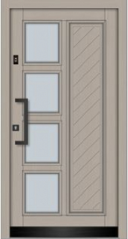 Moderne graue Haustür mit 4 quadratischen Glaseinsätzen, vertikalem Rillenpaneel und schwarzen Beschlägen.