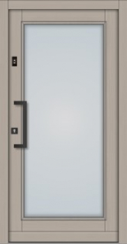 Moderne Holz-Haustür Modell KS-101 in heller Holzoptik mit großem, rechteckigem Lichtausschnitt aus Milchglas und schwarzem Design-Stoßgriff.