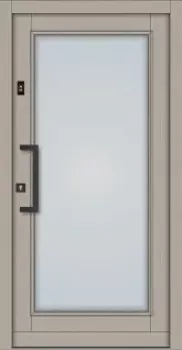 Moderne Holz-Haustür Modell KS-101 in heller Holzoptik mit großem, rechteckigem Lichtausschnitt aus Milchglas und schwarzem Design-Stoßgriff.