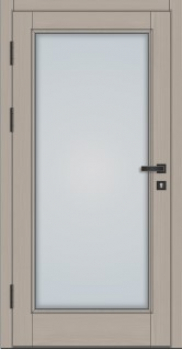 Preview: Klassische Massivholz-Haustür KS-101 mit großem Lichtausschnitt aus Milchglas, heller Holzoptik, schwarzer Drückergarnitur und sichtbaren Türbändern auf der linken Seite.