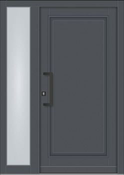 Preview: Klassische Massivholz-Haustür Modell KS-100 in Anthrazitgrau (RAL 7016) mit geschlossenem Türblatt, feststehendem Seitenteil aus Milchglas und modernem Stoßgriff.