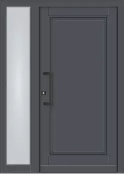 Preview: Klassische Massivholz-Haustür Modell KS-100 in Anthrazitgrau (RAL 7016) mit geschlossenem Türblatt, feststehendem Seitenteil aus Milchglas und modernem Stoßgriff.