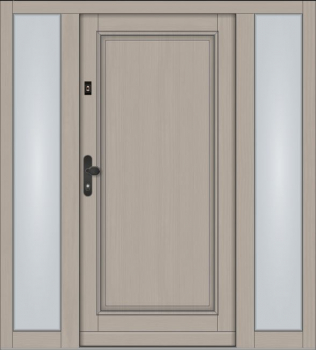 Preview: Klassische Massivholz-Haustür KS-100 in heller Holz-Optik mit zwei feststehenden Seitenteilen aus Milchglas und schwarzer Drückergarnitur.