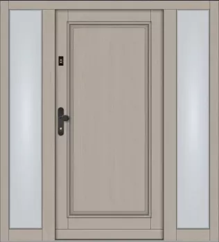 Preview: Klassische Massivholz-Haustür KS-100 in heller Holz-Optik mit zwei feststehenden Seitenteilen aus Milchglas und schwarzer Drückergarnitur.