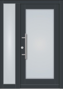 Preview: Moderne Holz-Haustür Modell KS-101 in Anthrazitgrau (RAL 7016) mit großem Lichtausschnitt aus Milchglas, passendem Seitenteil und Edelstahl-Stoßgriff.