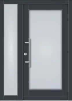 Preview: Moderne Holz-Haustür Modell KS-101 in Anthrazitgrau (RAL 7016) mit großem Lichtausschnitt aus Milchglas, passendem Seitenteil und Edelstahl-Stoßgriff.