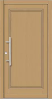 Klassische Massivholz-Haustür Modell KS-100 in heller Holzoptik mit vollflächig geschlossener Füllung und modernem Edelstahl-Stoßgriff.