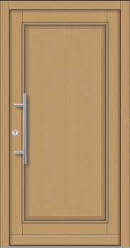 Klassische Massivholz-Haustür Modell KS-100 in heller Holzoptik mit vollflächig geschlossener Füllung und modernem Edelstahl-Stoßgriff.