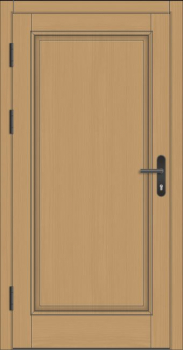 Preview: Klassische Massivholz-Haustür KS-100 in heller Holzoptik, geschlossene Füllung ohne Glas mit schwarzer Drückergarnitur und sichtbaren Türbändern.