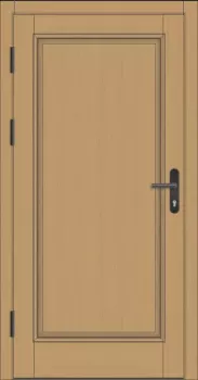 Preview: Klassische Massivholz-Haustür KS-100 in heller Holzoptik, geschlossene Füllung ohne Glas mit schwarzer Drückergarnitur und sichtbaren Türbändern.